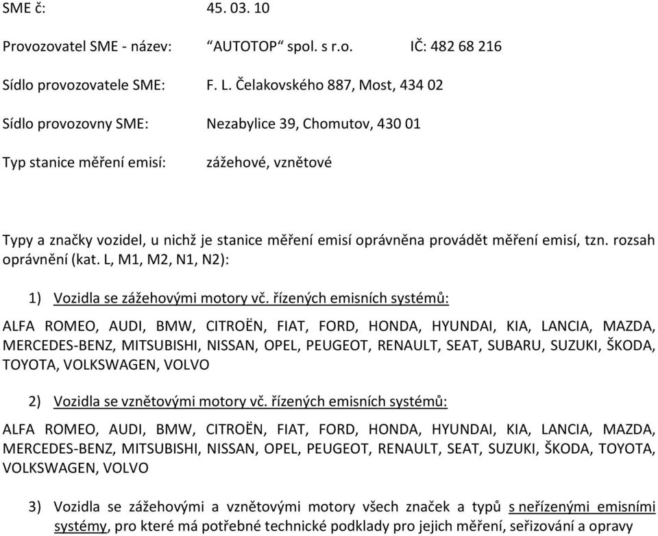 L, M1, M2, N1, N2): ALFA ROMEO, AUDI, BMW, CITROËN, FIAT, FORD, HONDA, HYUNDAI, KIA, LANCIA, MAZDA, MERCEDES-BENZ, MITSUBISHI, NISSAN, OPEL, PEUGEOT, RENAULT, SEAT, SUBARU,