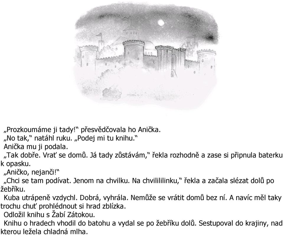 Na chvilililinku, řekla a začala slézat dolů po žebříku. Kuba utrápeně vzdychl. Dobrá, vyhrála. Nemůže se vrátit domů bez ní.