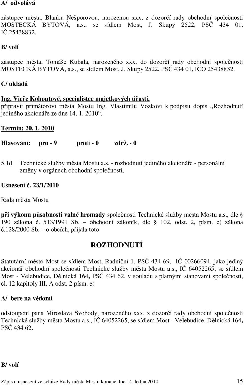 Vieře Kohoutové, specialistce majetkových účastí, připravit primátorovi města Mostu Ing. Vlastimilu Vozkovi k podpisu dopis Rozhodnutí jediného akcionáře ze dne 14