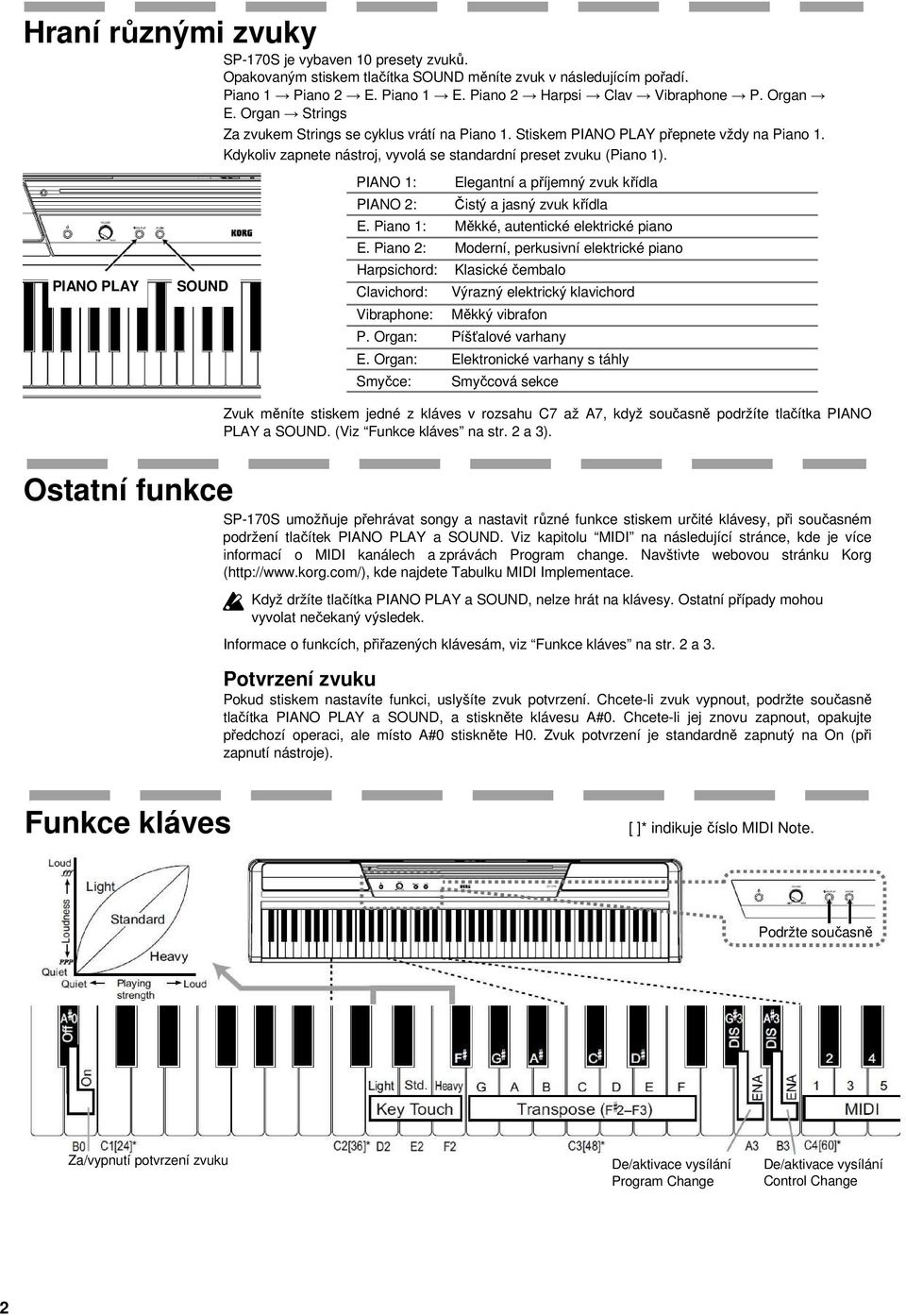 PIANO PLAY SOUND PIANO 1: Elegantní a příjemný zvuk křídla PIANO 2: Čistý a jasný zvuk křídla E. Piano 1: Měkké, autentické elektrické piano E.