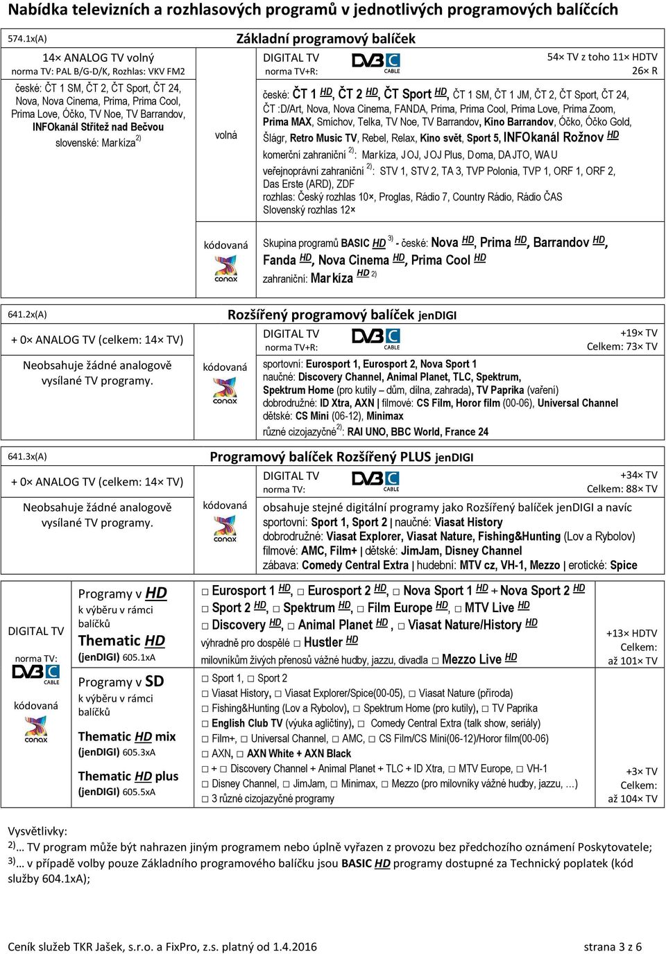 nad Bečvou slovenské: Mar kíza 2) volná Základní programový balíček norma TV+R: 54 TV z toho 11 HDTV 26 R české: ČT 1 HD, ČT 2 HD, ČT Sport HD, ČT 1 SM, ČT 1 JM, ČT 2, ČT Sport, ČT 24, ČT :D/Art,