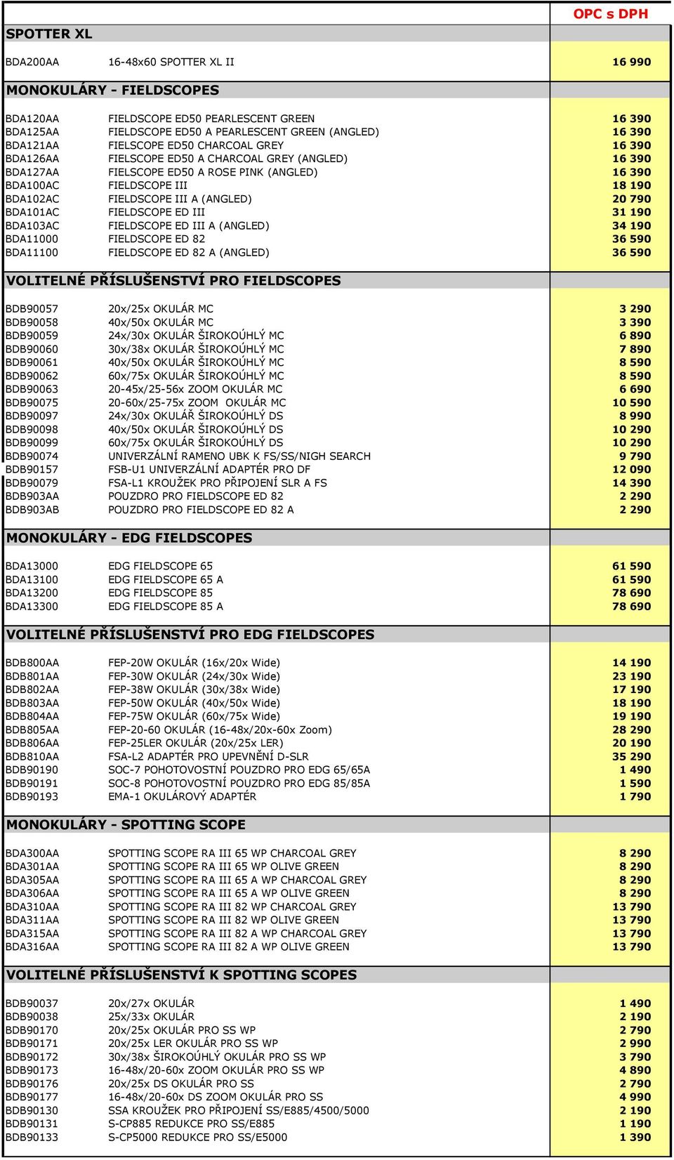 A (ANGLED) 20 790 BDA101AC FIELDSCOPE ED III 31 190 BDA103AC FIELDSCOPE ED III A (ANGLED) 34 190 BDA11000 FIELDSCOPE ED 82 36 590 BDA11100 FIELDSCOPE ED 82 A (ANGLED) 36 590 VOLITELNÉ PŘÍSLUŠENSTVÍ