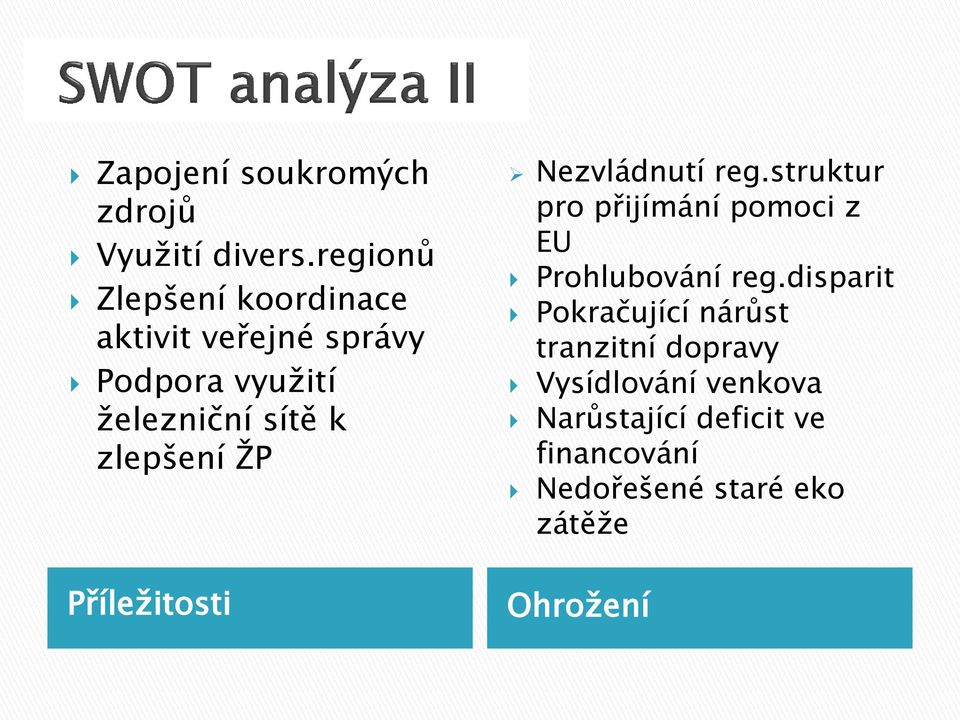 zlepšení ŢP Příleţitosti Nezvládnutí reg.