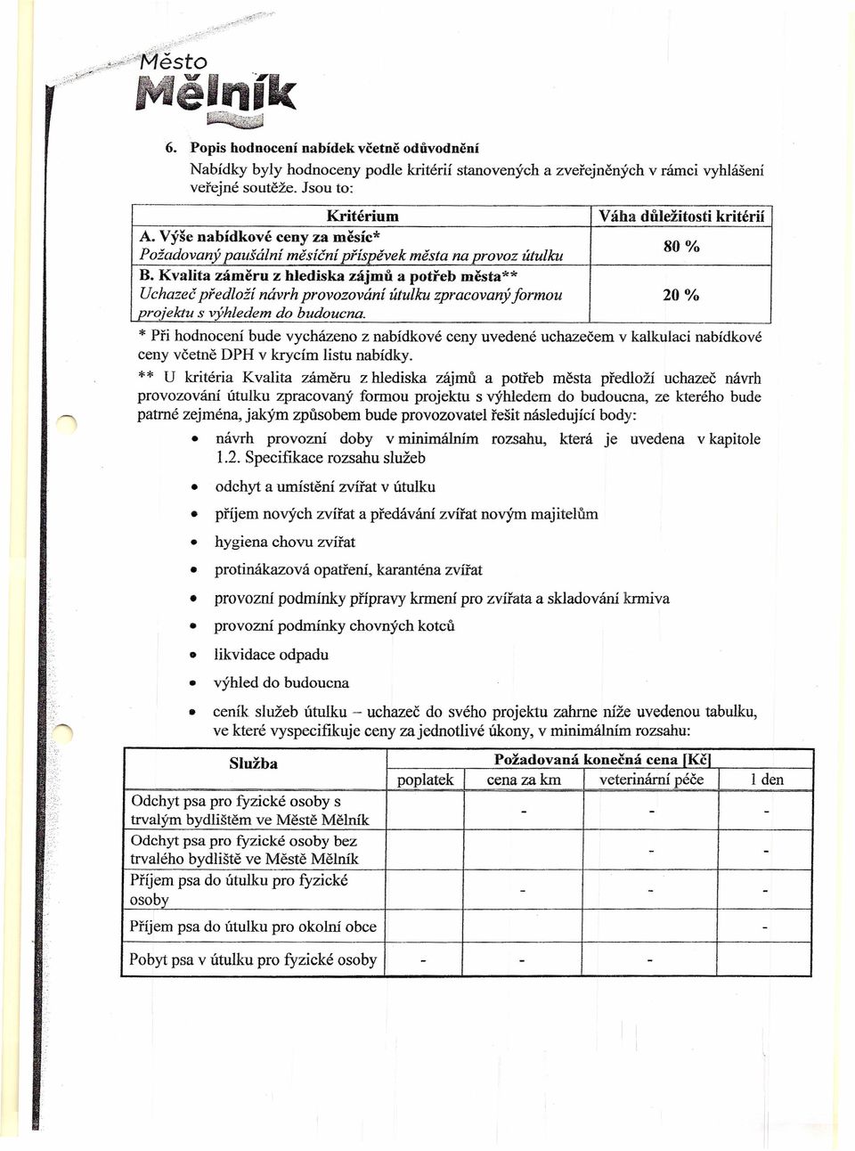 Kvalita záměru z hlediska zájmů a potřeb města** Uchazeč předloží návrh provozování útulku zpracovaný formou 20% projektu s výhledem do budoucna.