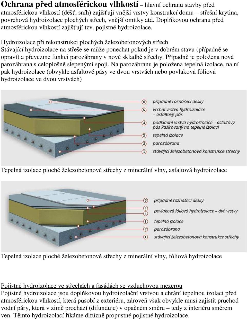 Hydroizolace při rekonstrukci plochých železobetonových střech Stávající hydroizolace na střeše se může ponechat pokud je v dobrém stavu (případně se opraví) a převezme funkci parozábrany v nové