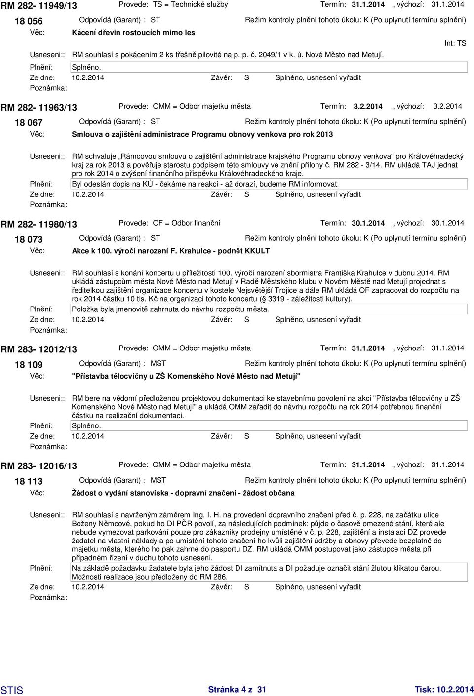 2014 Kácení dřevin rostoucích mimo les Závěr: S Splněno, usnesení vyřadit 3.2.2014 31.1.2014 Int: TS Smlouva o zajištění administrace Programu obnovy venkova pro rok 2013 3.2.2014 Usneseni:: RM