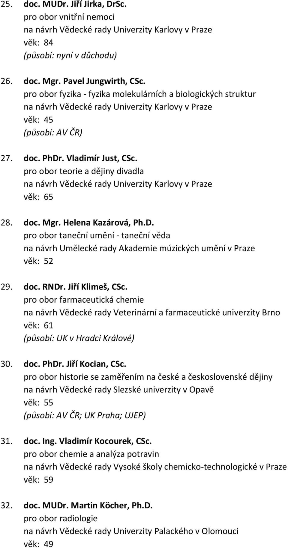 doc. RNDr. Jiří Klimeš, CSc. pro obor farmaceutická chemie na návrh Vědecké rady Veterinární a farmaceutické univerzity Brno věk: 61 (působí: UK v Hradci Králové) 30. doc. PhDr. Jiří Kocian, CSc.