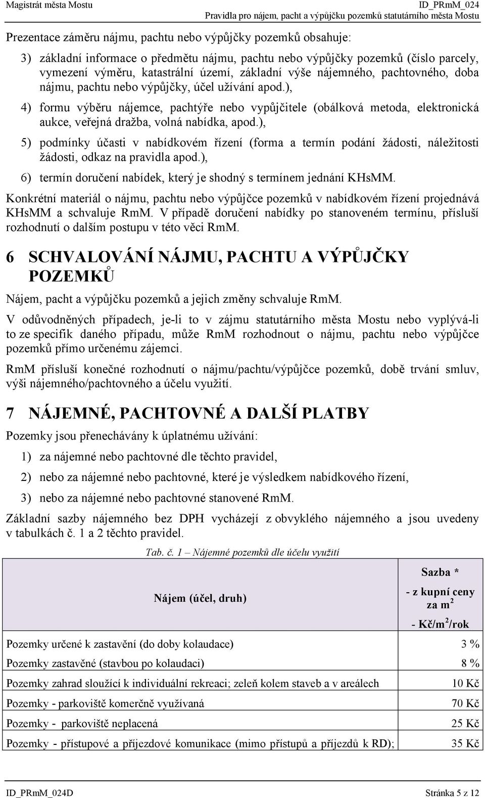 ), 4) formu výběru nájemce, pachtýře nebo vypůjčitele (obálková metoda, elektronická aukce, veřejná dražba, volná nabídka, apod.