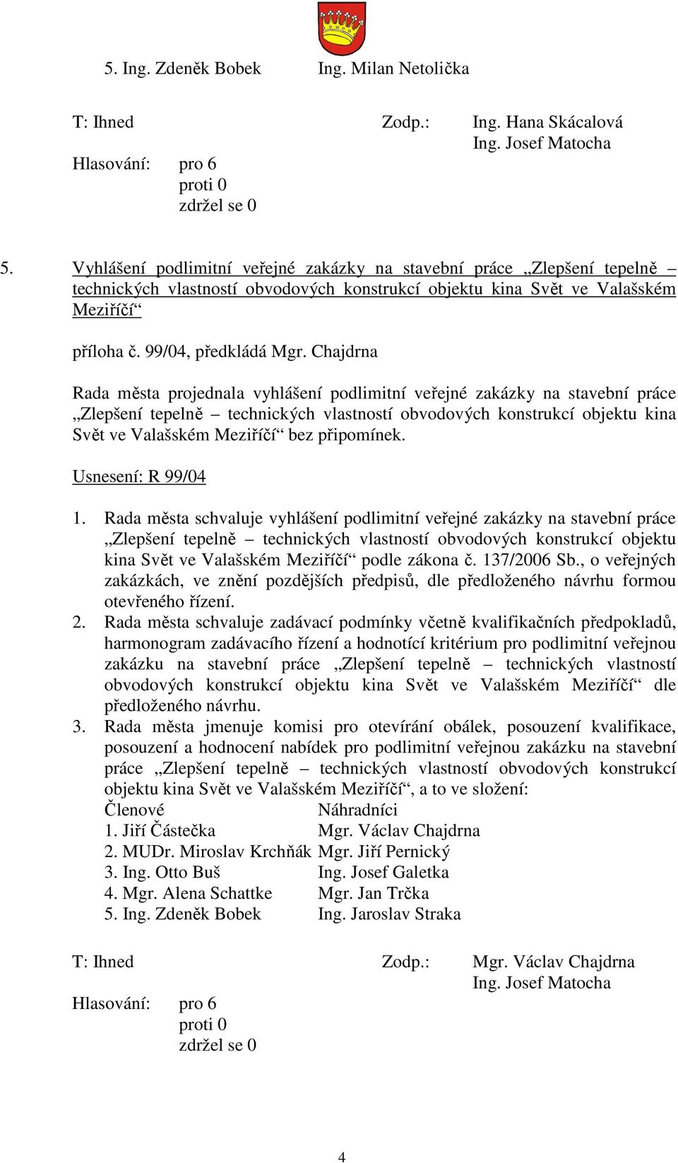 Chajdrna Zlepšení tepelně technických vlastností obvodových konstrukcí objektu kina Svět ve Valašském Meziříčí bez připomínek.