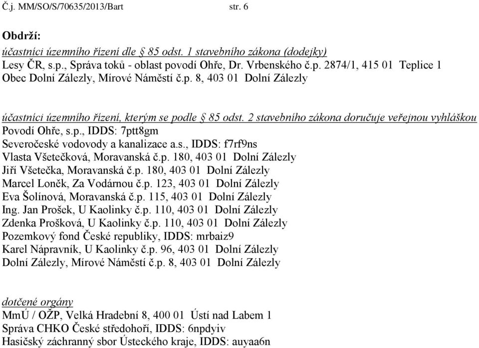 p. 180, 403 01 Dlní Zálezly Jiří Všetečka, Mravanská č.p. 180, 403 01 Dlní Zálezly Marcel Lněk, Za Vdárnu č.p. 123, 403 01 Dlní Zálezly Eva Šlínvá, Mravanská č.p. 115, 403 01 Dlní Zálezly Ing.