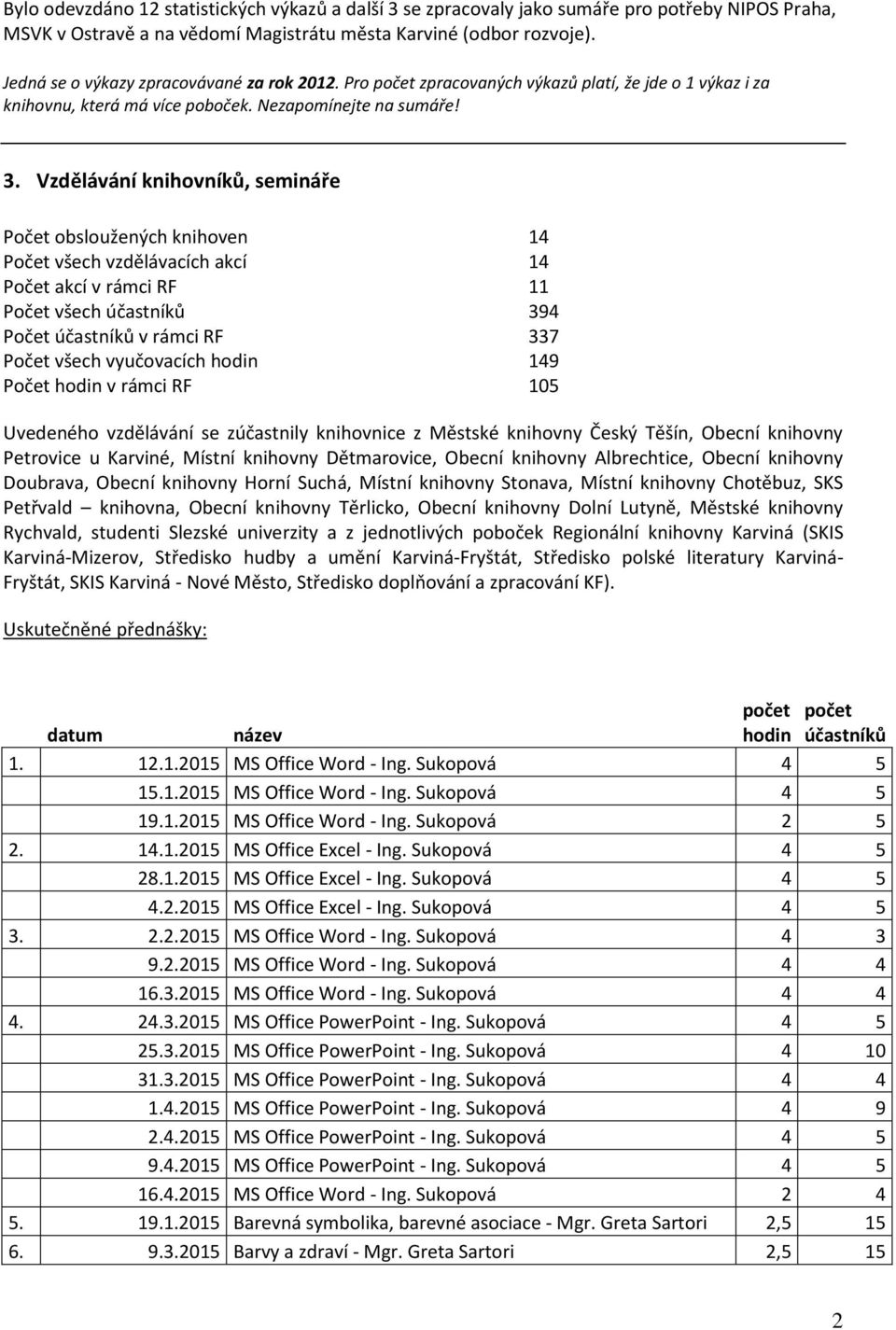 Vzdělávání knihovníků, semináře Počet obsloužených knihoven 14 Počet všech vzdělávacích akcí 14 Počet akcí v rámci RF 11 Počet všech účastníků 394 Počet účastníků v rámci RF 337 Počet všech