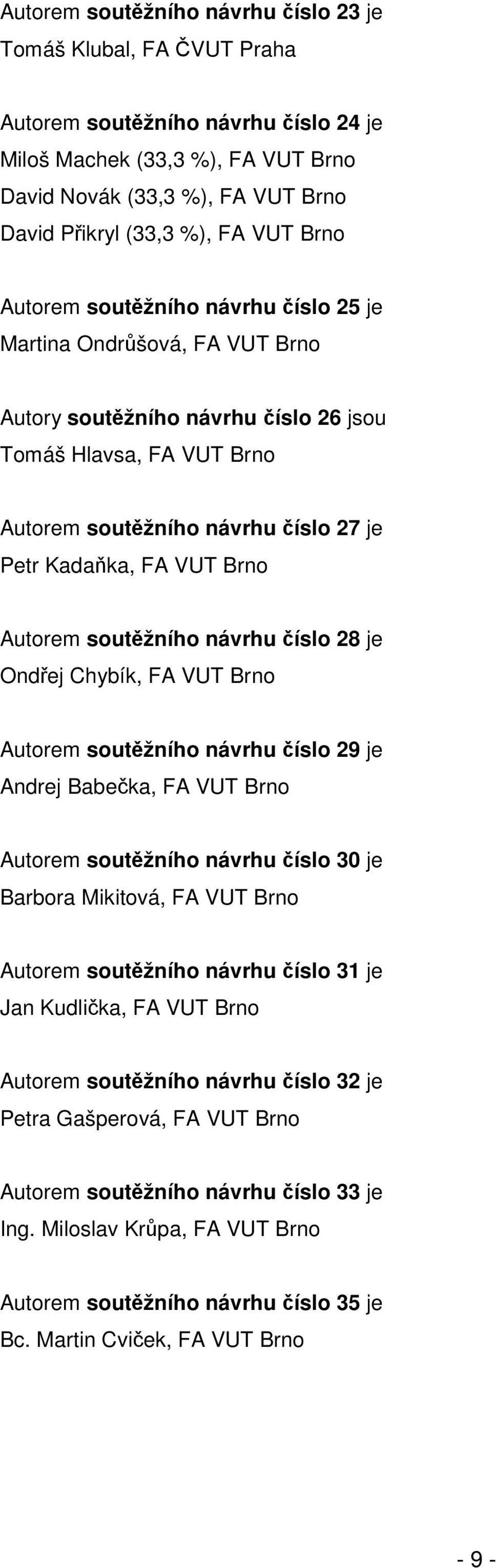 Autorem soutžního návrhu íslo 28 je Ondej Chybík, FA VUT Brno Autorem soutžního návrhu íslo 29 je Andrej Babeka, FA VUT Brno Autorem soutžního návrhu íslo 30 je Barbora Mikitová, FA VUT Brno Autorem