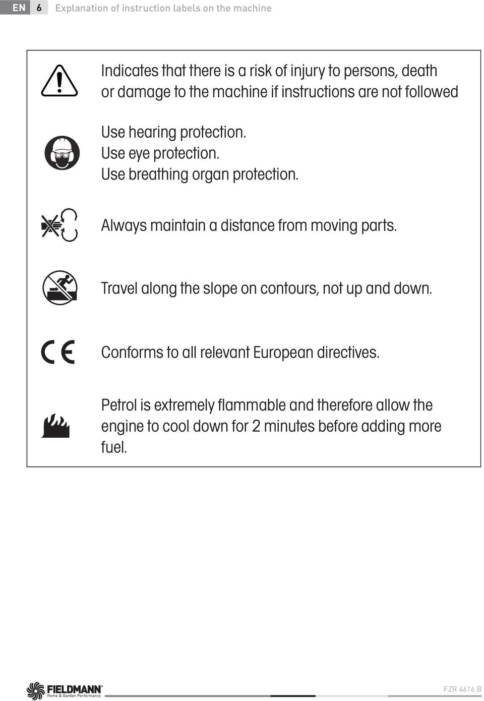 Always maintain a distance from moving parts. Travel along the slope on contours, not up and down.