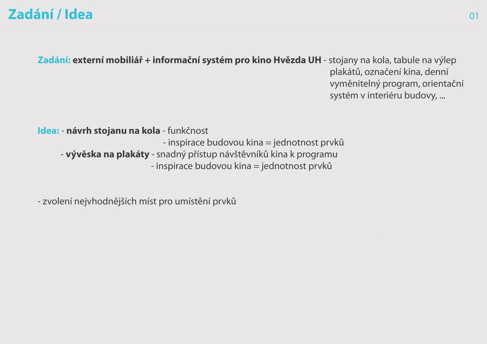 .. Idea: - návrh stojanu na kola - funkčnost - inspirace budovou kina = jednotnost prvků - vývěska na plakáty -