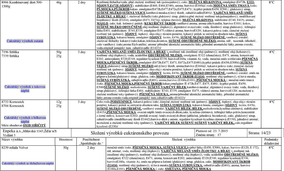 ŠKROB,kakao, emulgátor/e472b,e477,e472a,e475,e471/, kypřící prášek/e450, E500 /, glukózový sirup, SUŠENÉ MLÉKO,SUŠENÁ VEJCE,karobová mouka,rýžový škrob, zahušťovadlo(e401)/, VAJEČNÁ MELANŽ/ SMĚS