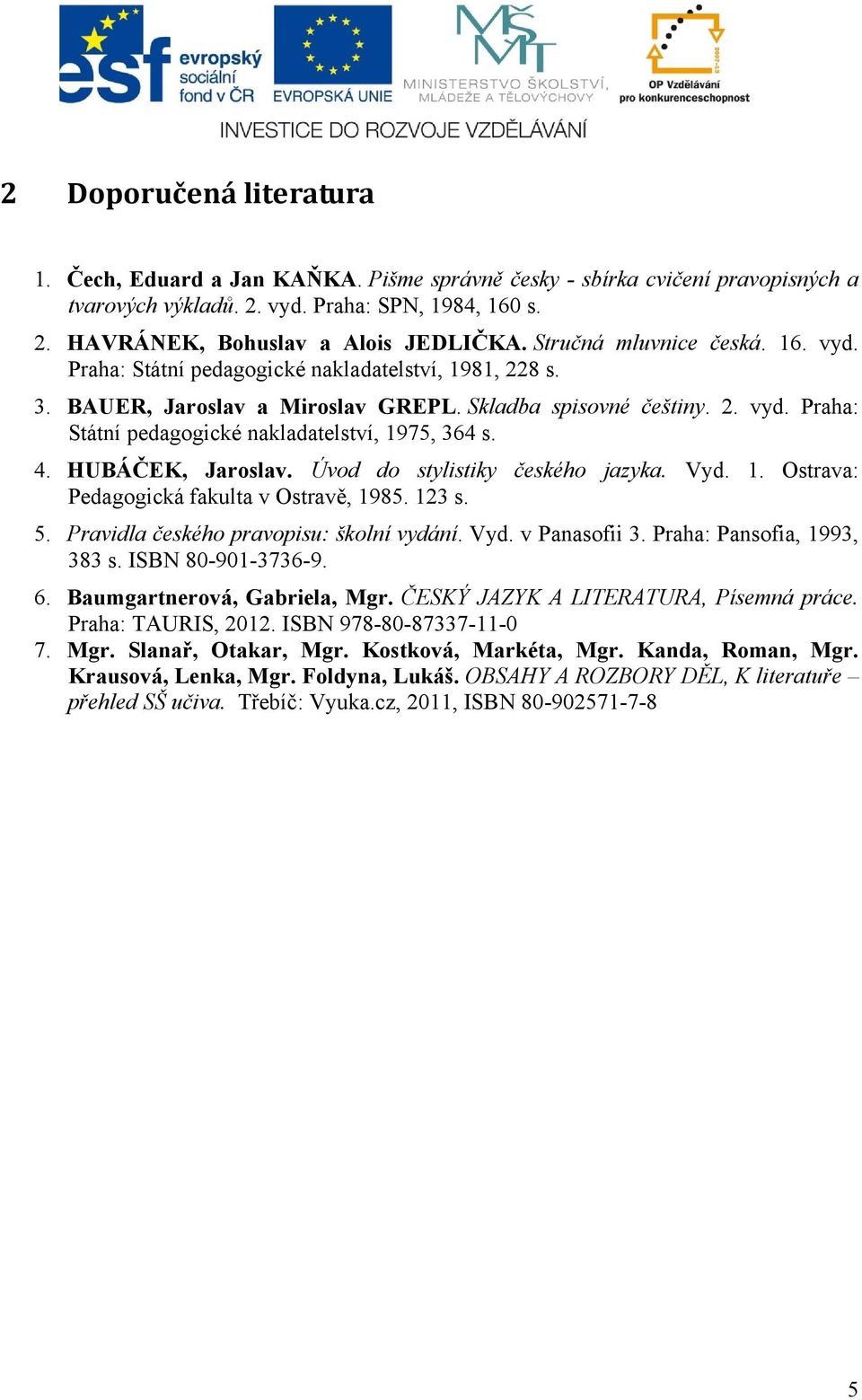 4. HUBÁČEK, Jaroslav. Úvod do stylistiky českého jazyka. Vyd. 1. Ostrava: Pedagogická fakulta v Ostravě, 1985. 123 s. 5. Pravidla českého pravopisu: školní vydání. Vyd. v Panasofii 3.