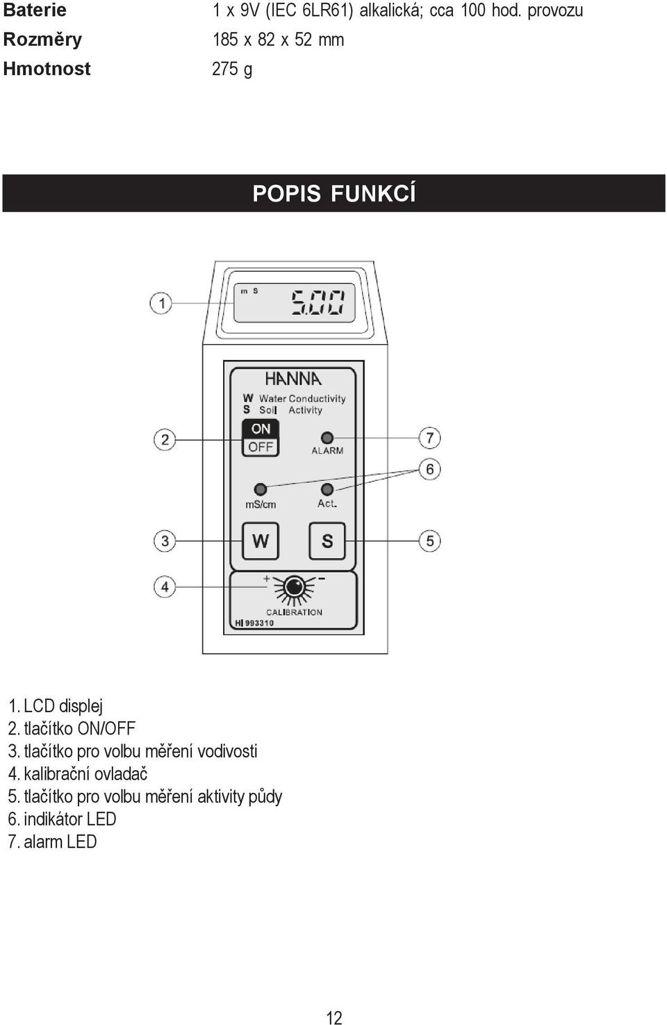 tlačítko ON/OFF 3. tlačítko pro volbu měření vodivosti 4.