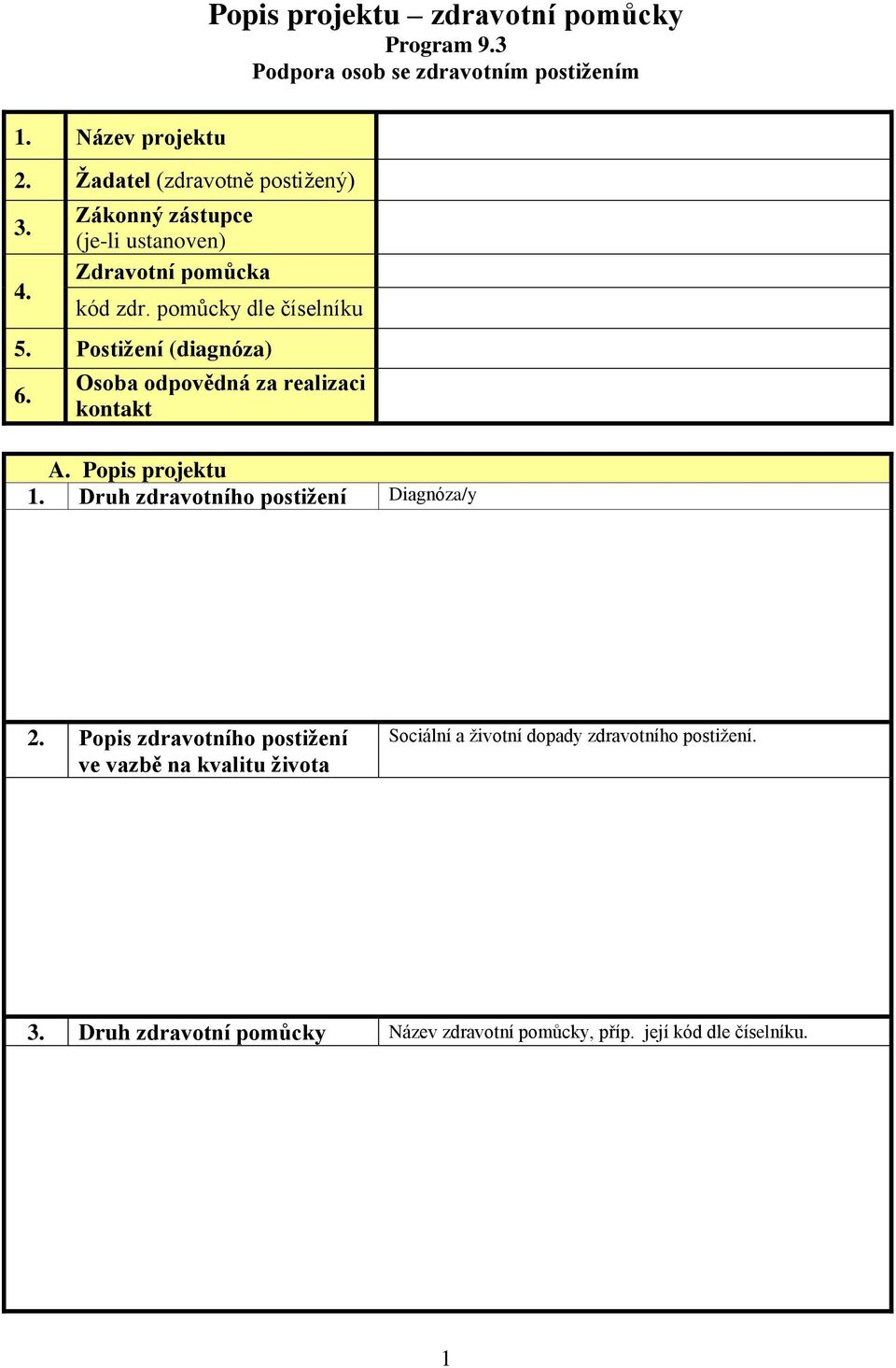 Postižení (diagnóza) 6. Osoba odpovědná za realizaci kontakt A. Popis projektu 1. Druh zdravotního postižení Diagnóza/y 2.