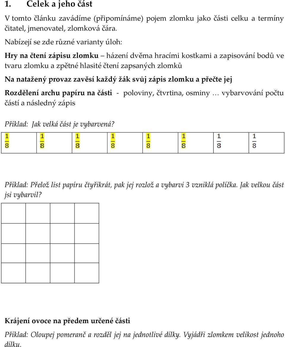 zavěsí každý žák svůj zápis zlomku a přečte jej Rozdělení archu papíru na části - poloviny, čtvrtina, osminy vybarvování počtu částí a následný zápis Příklad: Jak velká část je vybarvená?