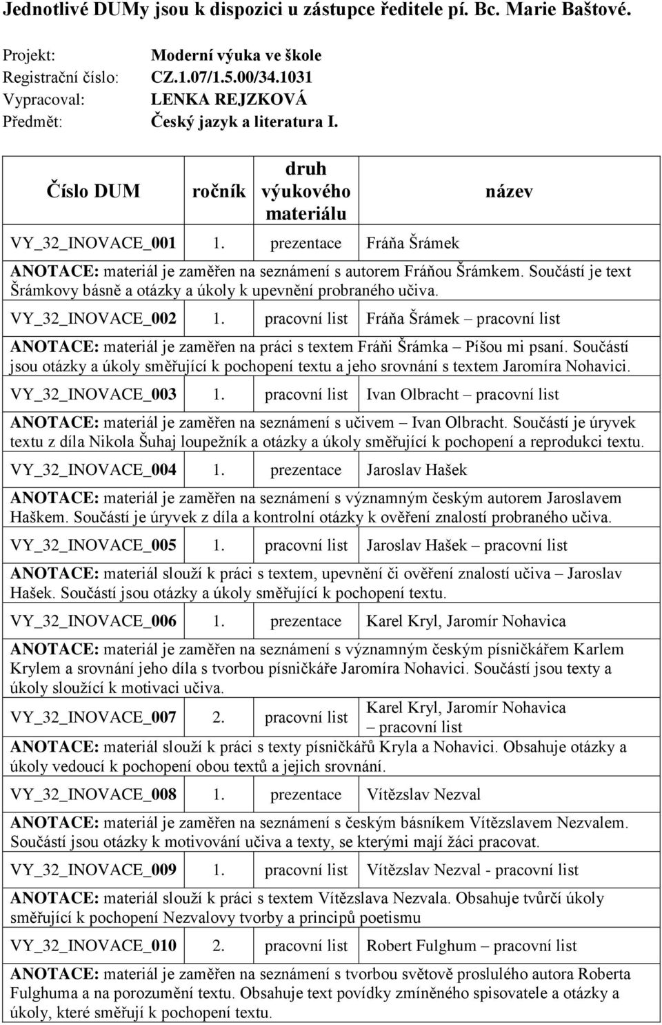 Součástí je text Šrámkovy básně a otázky a úkoly k upevnění probraného učiva. VY_32_INOVACE_002 1.