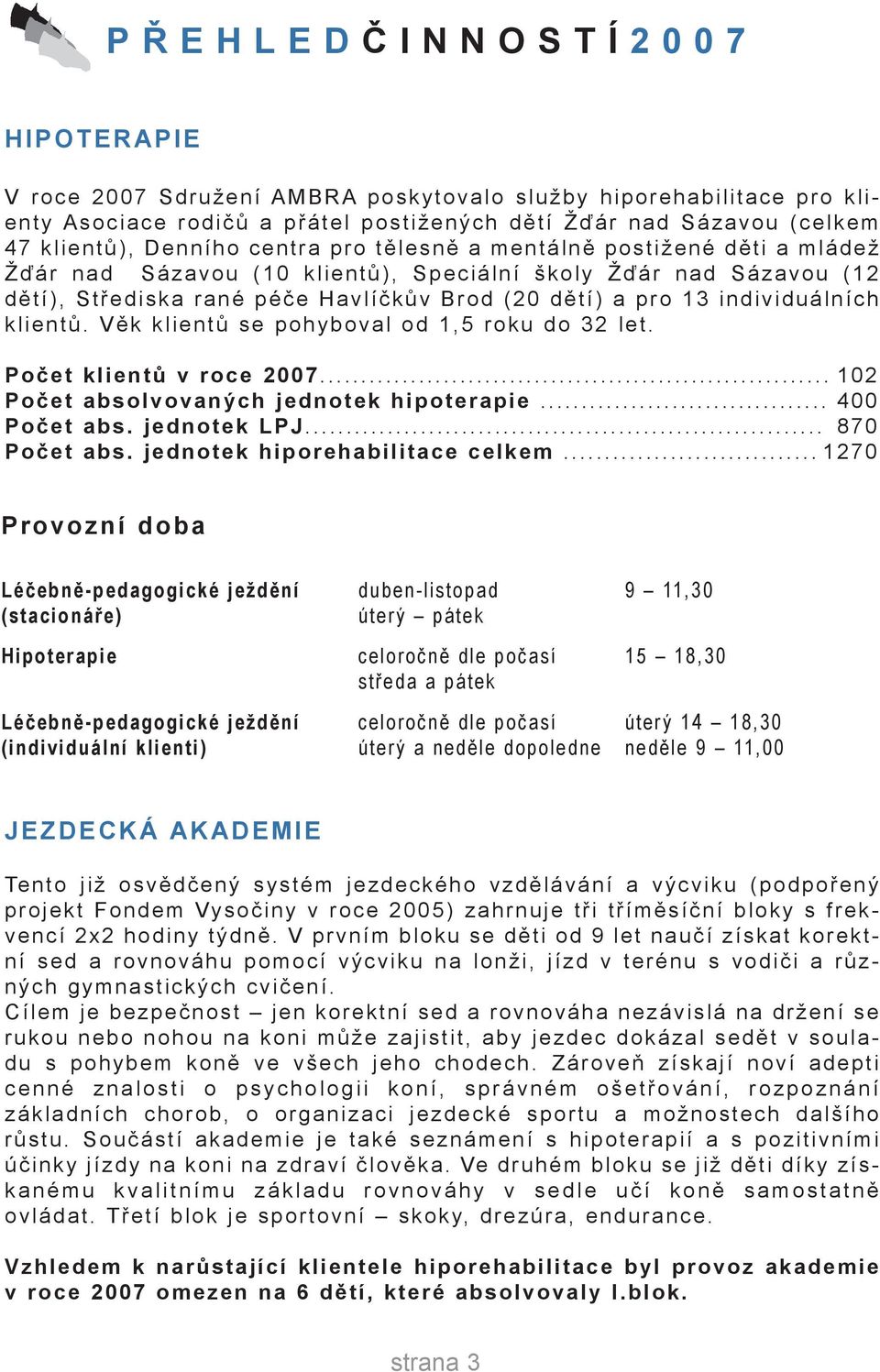 13 individuálních klientů. Věk klientů se pohyboval od 1,5 roku do 32 let. počet klientů v roce 2007... 102 počet absolvovaných jednotek hipoterapie... 400 počet abs. jednotek lpj... 870 počet abs.