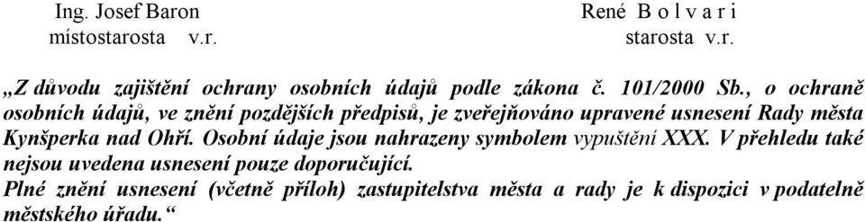 , o ochraně osobních údajů, ve znění pozdějších předpisů, je zveřejňováno upravené usnesení Rady města Kynšperka nad