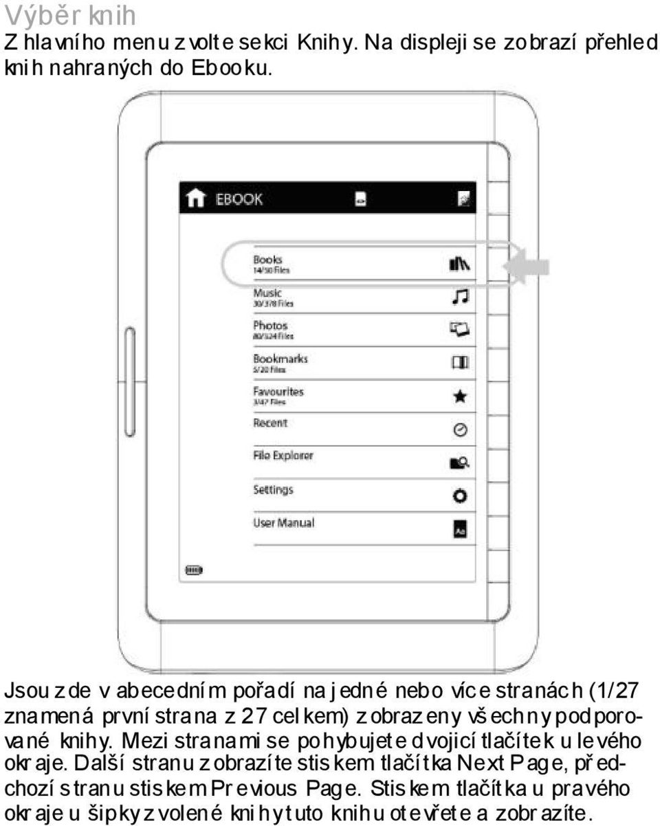 podporované knihy. Mezi stranami se pohybujete dvojicí tlačítek u levého okr aje.