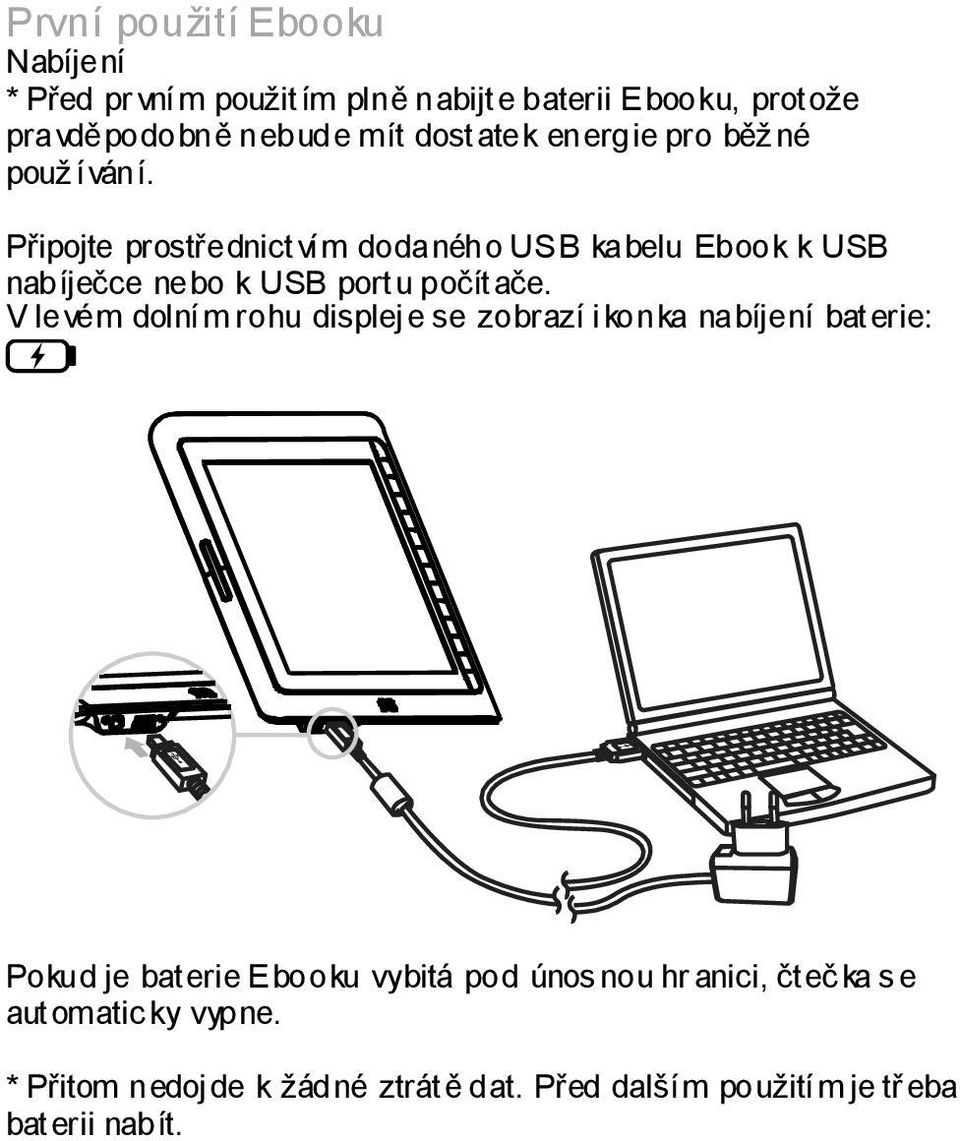 Připojte prostřednictvím dodaného USB kabelu Ebook k USB nabíječce nebo k USB portu počítače.