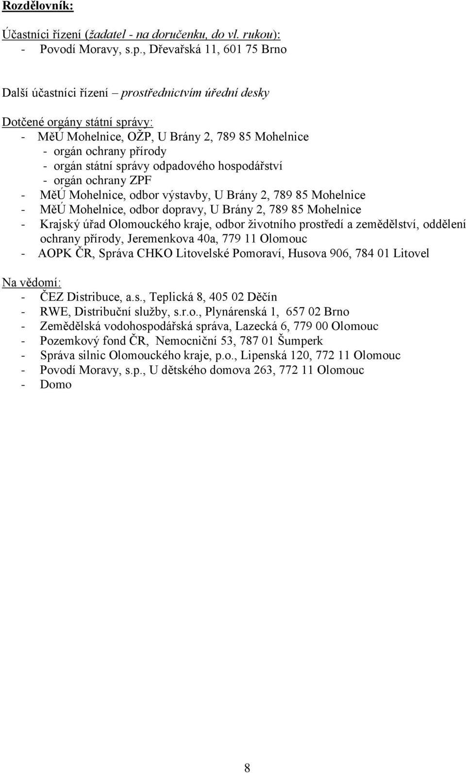 správy odpadového hospodářství - orgán ochrany ZPF - MěÚ Mohelnice, odbor výstavby, U Brány 2, 789 85 Mohelnice - MěÚ Mohelnice, odbor dopravy, U Brány 2, 789 85 Mohelnice - Krajský úřad Olomouckého