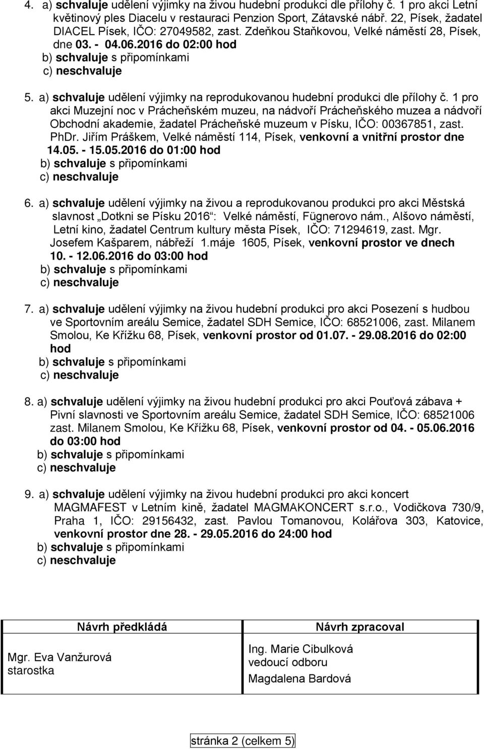 1 pro akci Muzejní noc v Prácheňském muzeu, na nádvoří Prácheňského muzea a nádvoří Obchodní akademie, žadatel Prácheňské muzeum v Písku, IČO: 00367851, zast. PhDr.