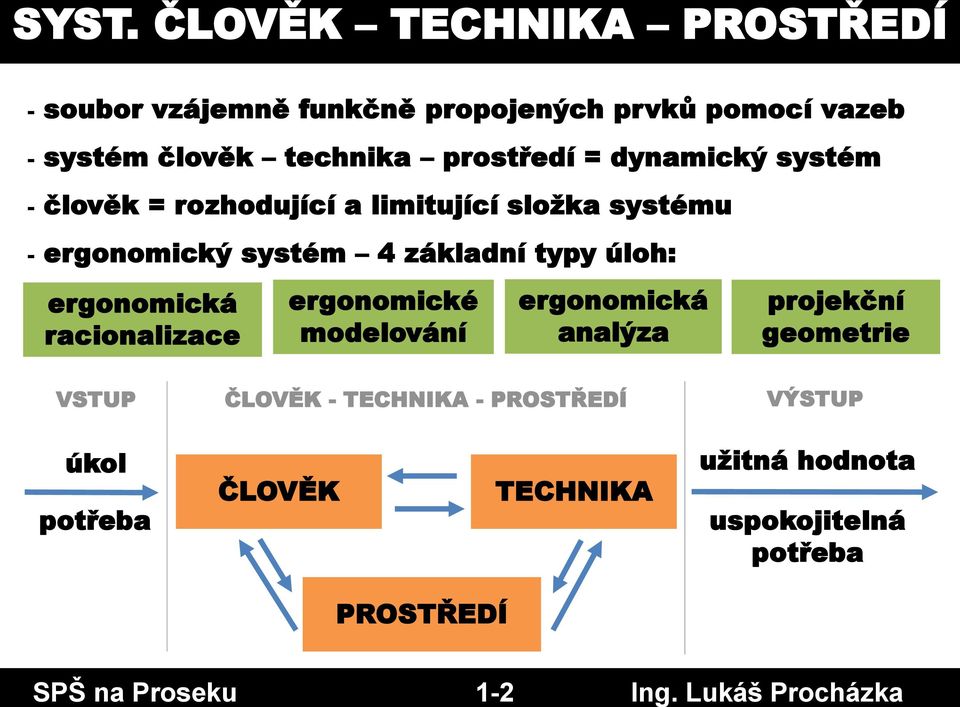 dynamický systém - člověk = rozhodující a limitující složka - ergonomický systém 4 základní typy úloh: ergonomická