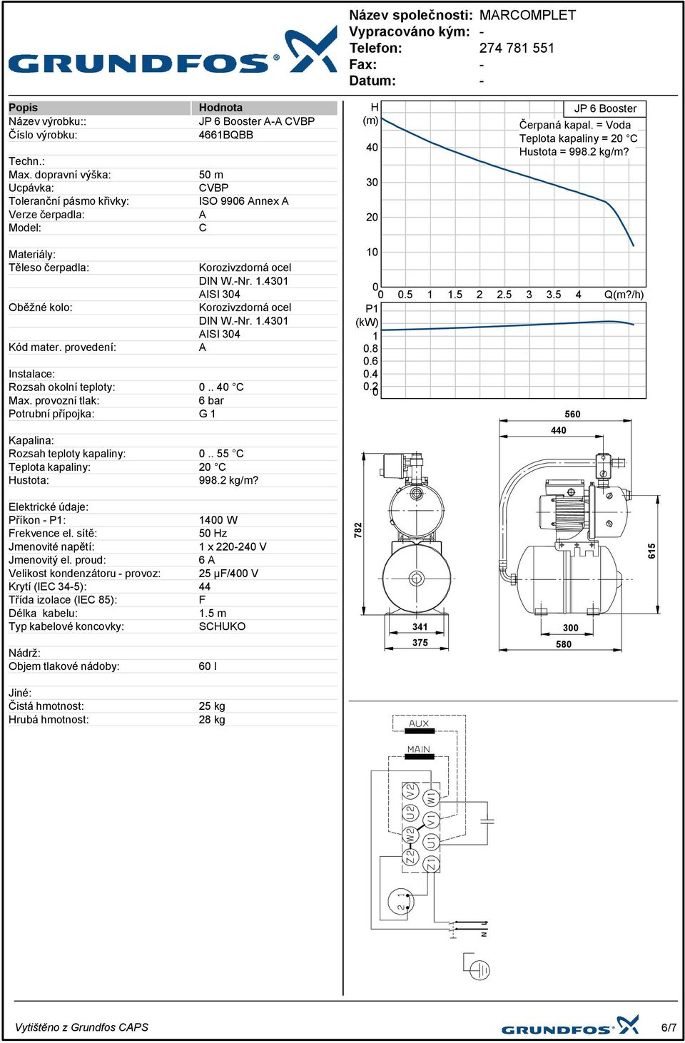 = Voda Teplota kapaliny = 2 C Hustota = 998.2 kg/m? Materiály: Těleso čerpadla: Oběžné kolo: Kód mater. provedení: DIN W.Nr. 1.431 DIN W.Nr. 1.431 A Instalace: Rozsah okolní teploty:.. 4 C Max.