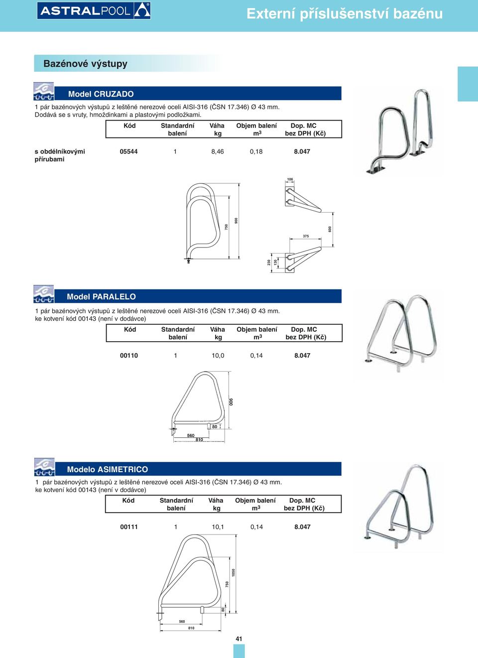 047 přírubami 106 900 750 375 230 600 130 Model PARALELO 1 pár bazénových výstupů z leštěné nerezové oceli AISI-316 (ČSN 17.346) Ø 43 mm.