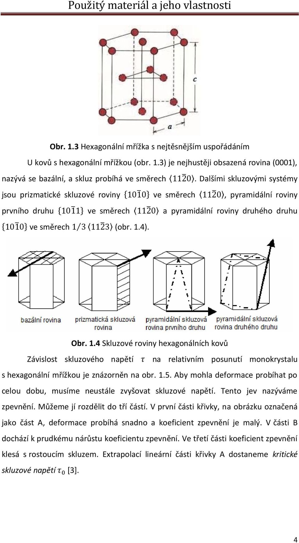 4). Obr. 1.4 Skluzové roviny hexagonálních kovů Závislost skluzového napětí na relativním posunutí monokrystalu s hexagonální mřížkou je znázorněn na obr. 1.5.