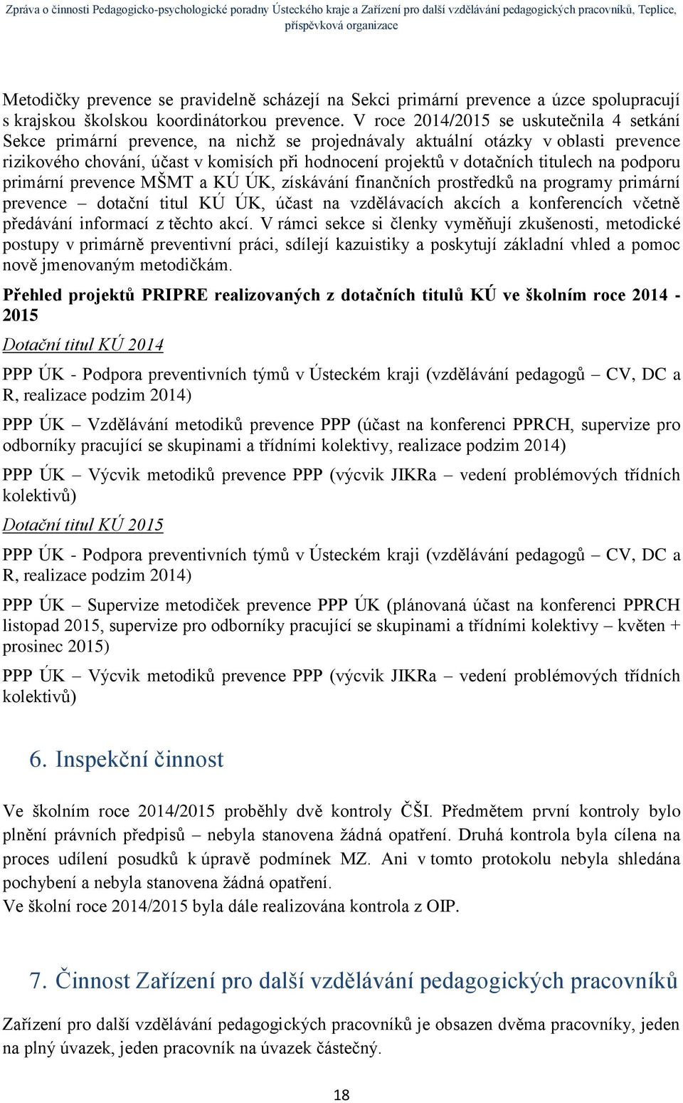 titulech na podporu primární prevence MŠMT a KÚ ÚK, získávání finančních prostředků na programy primární prevence dotační titul KÚ ÚK, účast na vzdělávacích akcích a konferencích včetně předávání