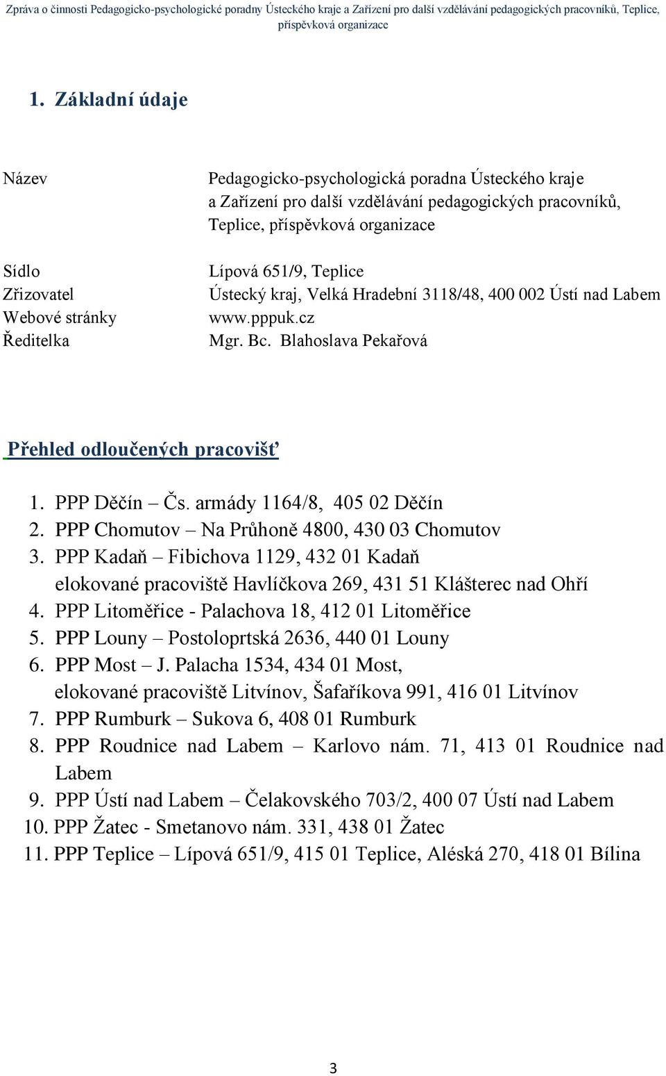 PPP Chomutov Na Průhoně 4800, 430 03 Chomutov 3. PPP Kadaň Fibichova 1129, 432 01 Kadaň elokované pracoviště Havlíčkova 269, 431 51 Klášterec nad Ohří 4.