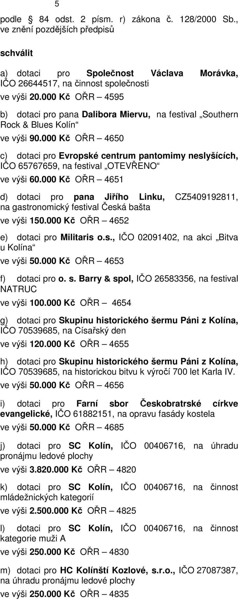 000 Kč OŘR 4650 c) dotaci pro Evropské centrum pantomimy neslyšících, IČO 65767659, na festival OTEVŘENO ve výši 60.