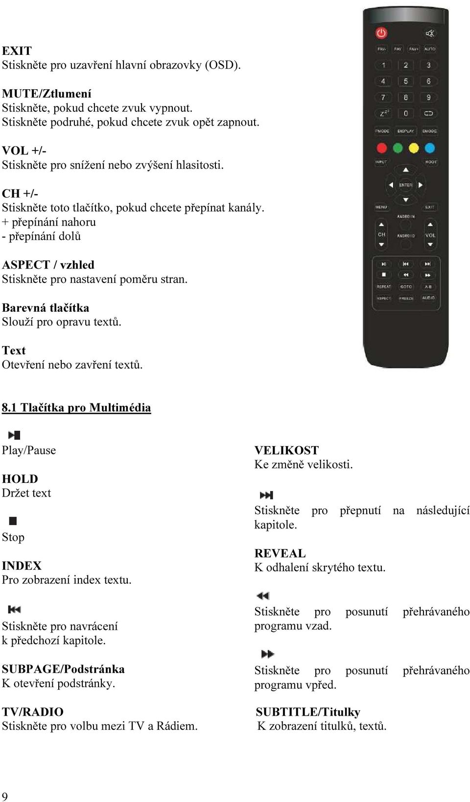 + přepínání nahoru - přepínání dolů ASPECT / vzhled Stiskněte pro nastavení poměru stran. Barevná tlačítka Slouží pro opravu textů. Text Otevření nebo zavření textů. 8.