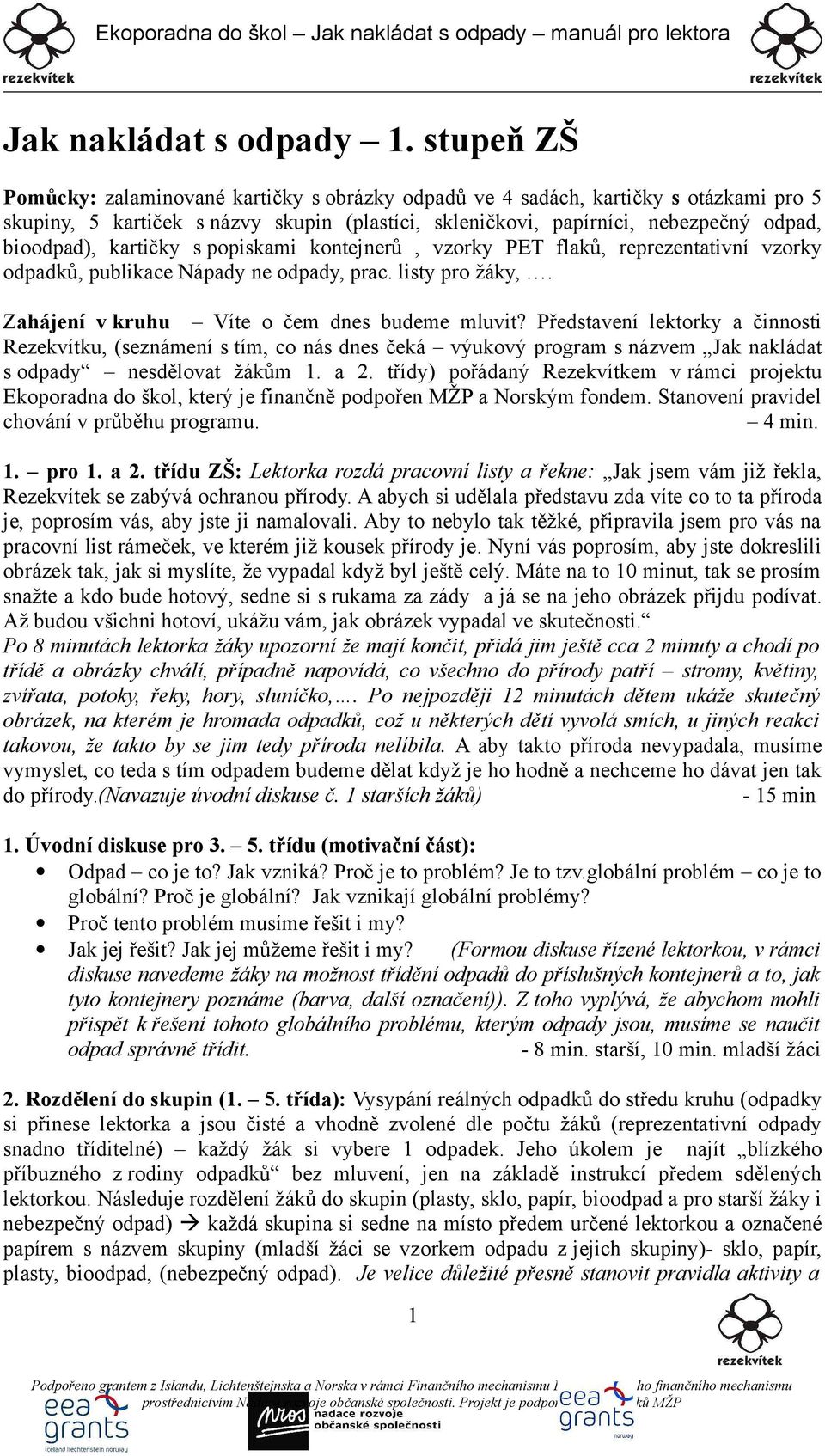 kartičky s popiskami kontejnerů, vzorky PET flaků, reprezentativní vzorky odpadků, publikace Nápady ne odpady, prac. listy pro žáky,. Zahájení v kruhu Víte o čem dnes budeme mluvit?