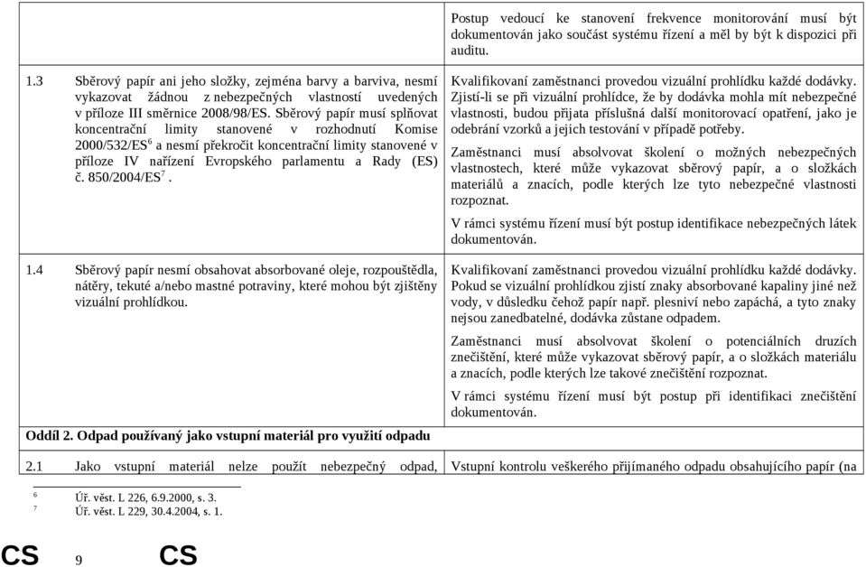Sběrový papír musí splňovat koncentrační limity stanovené v rozhodnutí Komise 2000/532/ES 6 a nesmí překročit koncentrační limity stanovené v příloze IV nařízení Evropského parlamentu a Rady (ES) č.