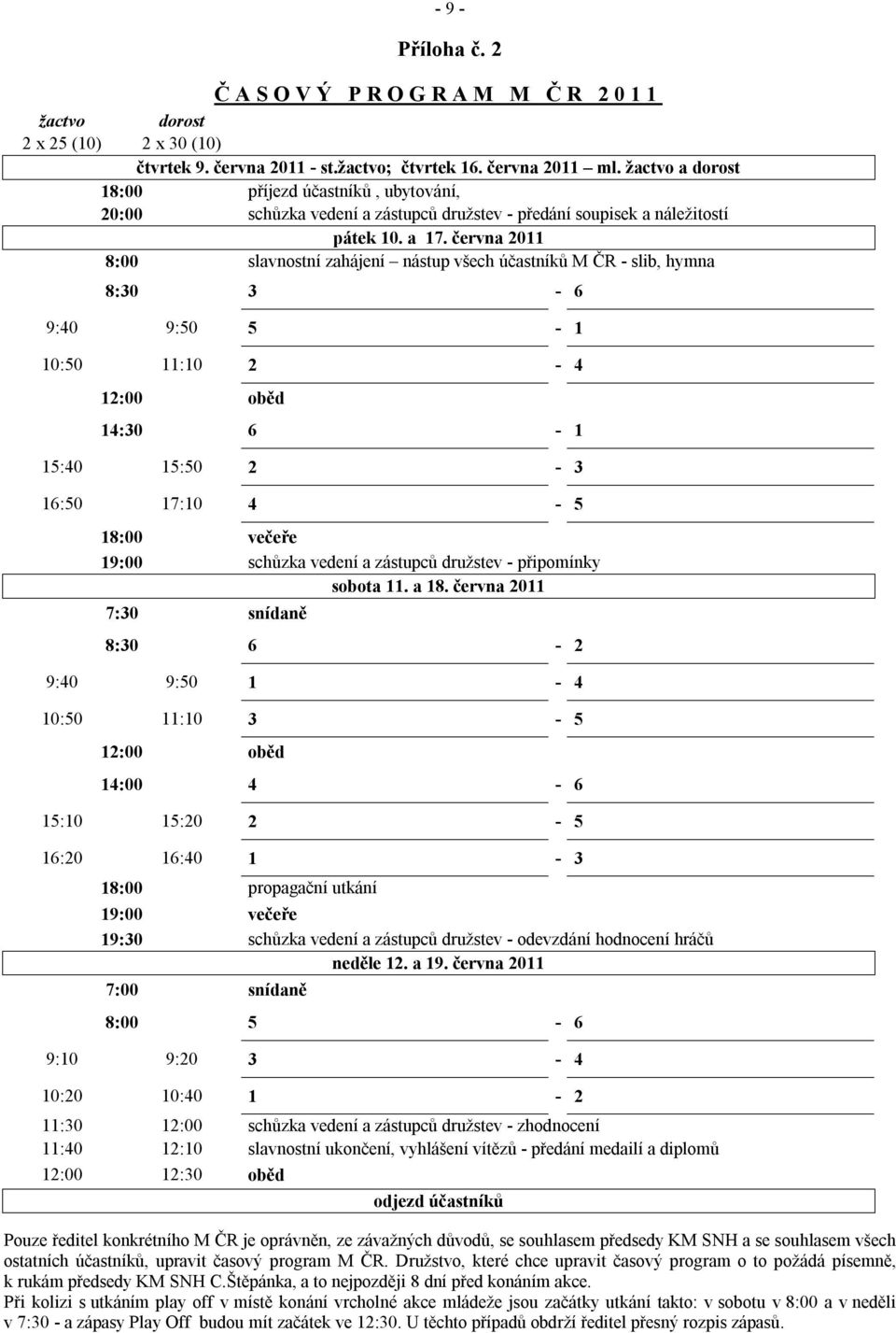 června 2011 8:00 slavnostní zahájení nástup všech účastníků M ČR - slib, hymna 8:30 3-6 9:40 9:50 5-1 10:50 11:10 2-4 12:00 oběd 14:30 6-1 15:40 15:50 2-3 16:50 17:10 4-5 18:00 večeře 19:00 schůzka