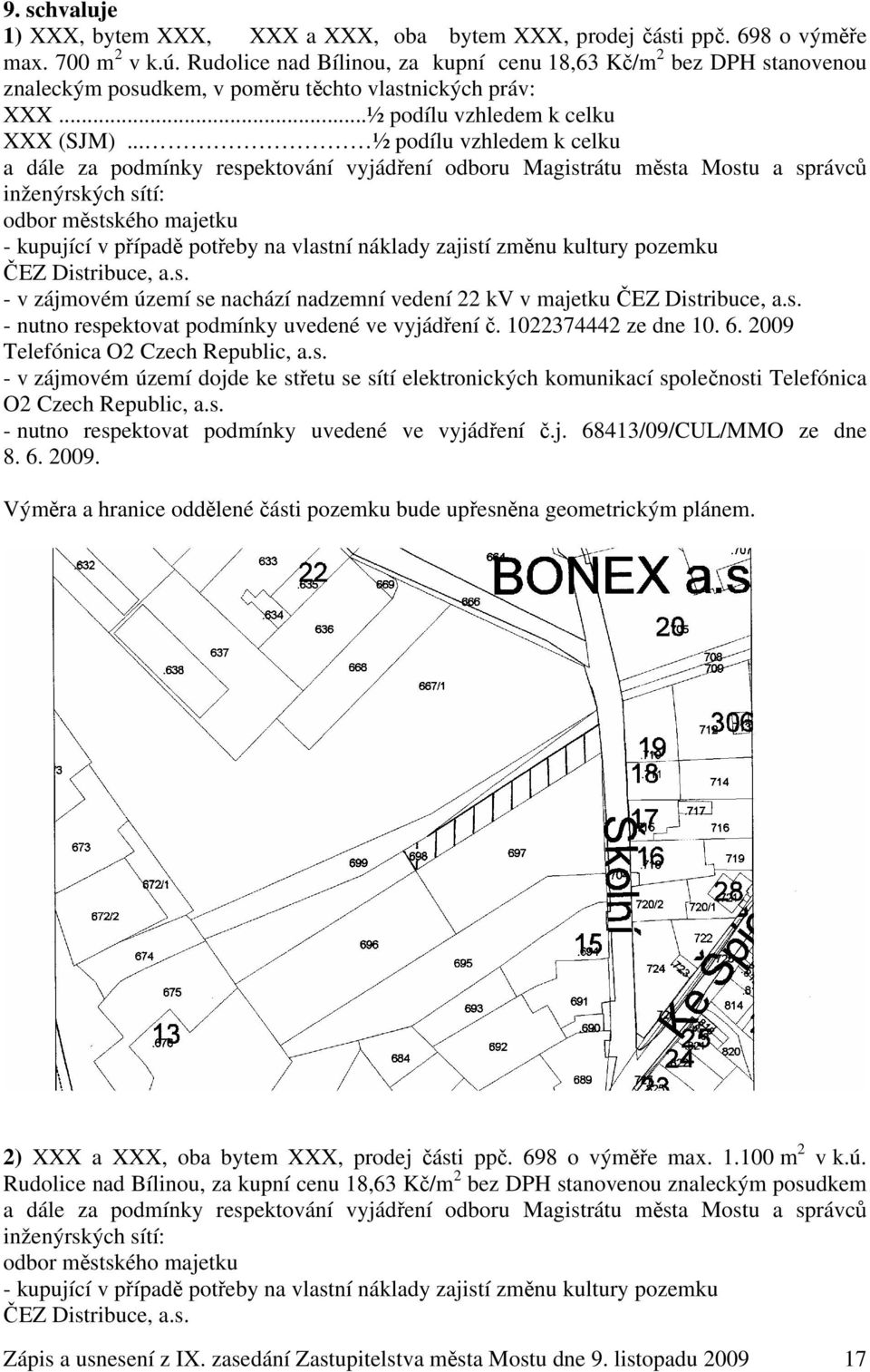 .. ½ podílu vzhledem k celku a dále za podmínky respektování vyjádření odboru Magistrátu města Mostu a správců inženýrských sítí: odbor městského majetku - kupující v případě potřeby na vlastní