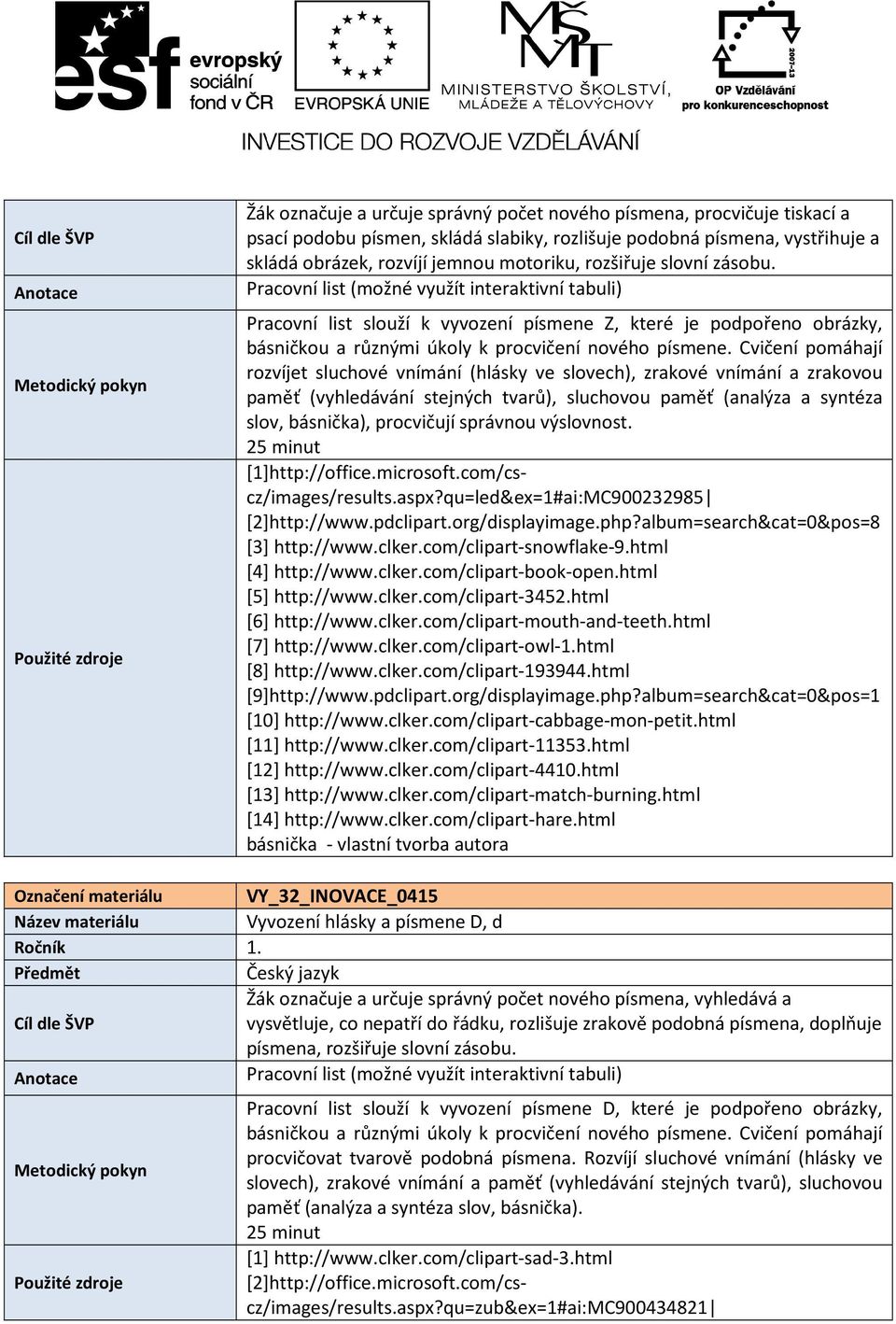 Pracovní list (možné využít interaktivní tabuli) Pracovní list slouží k vyvození písmene Z, které je podpořeno obrázky, rozvíjet sluchové vnímání (hlásky ve slovech), zrakové vnímání a zrakovou paměť