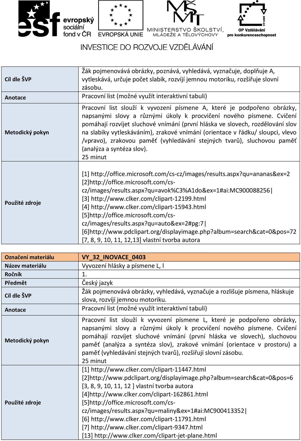 na slabiky vytleskáváním), zrakové vnímání (orientace v řádku/ sloupci, vlevo /vpravo), zrakovou paměť (vyhledávání stejných tvarů), sluchovou paměť (analýza a syntéza slov). [1] http://office.