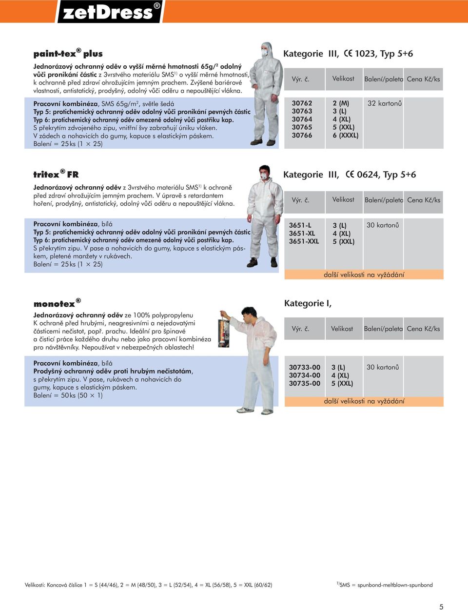 Velikost Pracovní kombinéza, SMS 65g/m 2, světle šedá Typ 5: protichemický ochranný oděv odolný vůči pronikání pevných částic Typ 6: protichemický ochranný oděv omezeně odolný vůči postřiku kap.