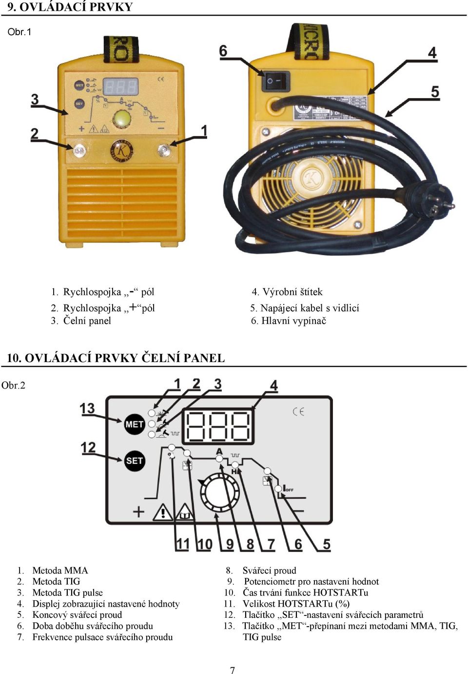 Metoda TIG pulse 10. Čas trvání funkce HOTSTARTu 4. Displej zobrazující nastavené hodnoty 11. Velikost HOTSTARTu (%) 5. Koncový svářecí proud 12.