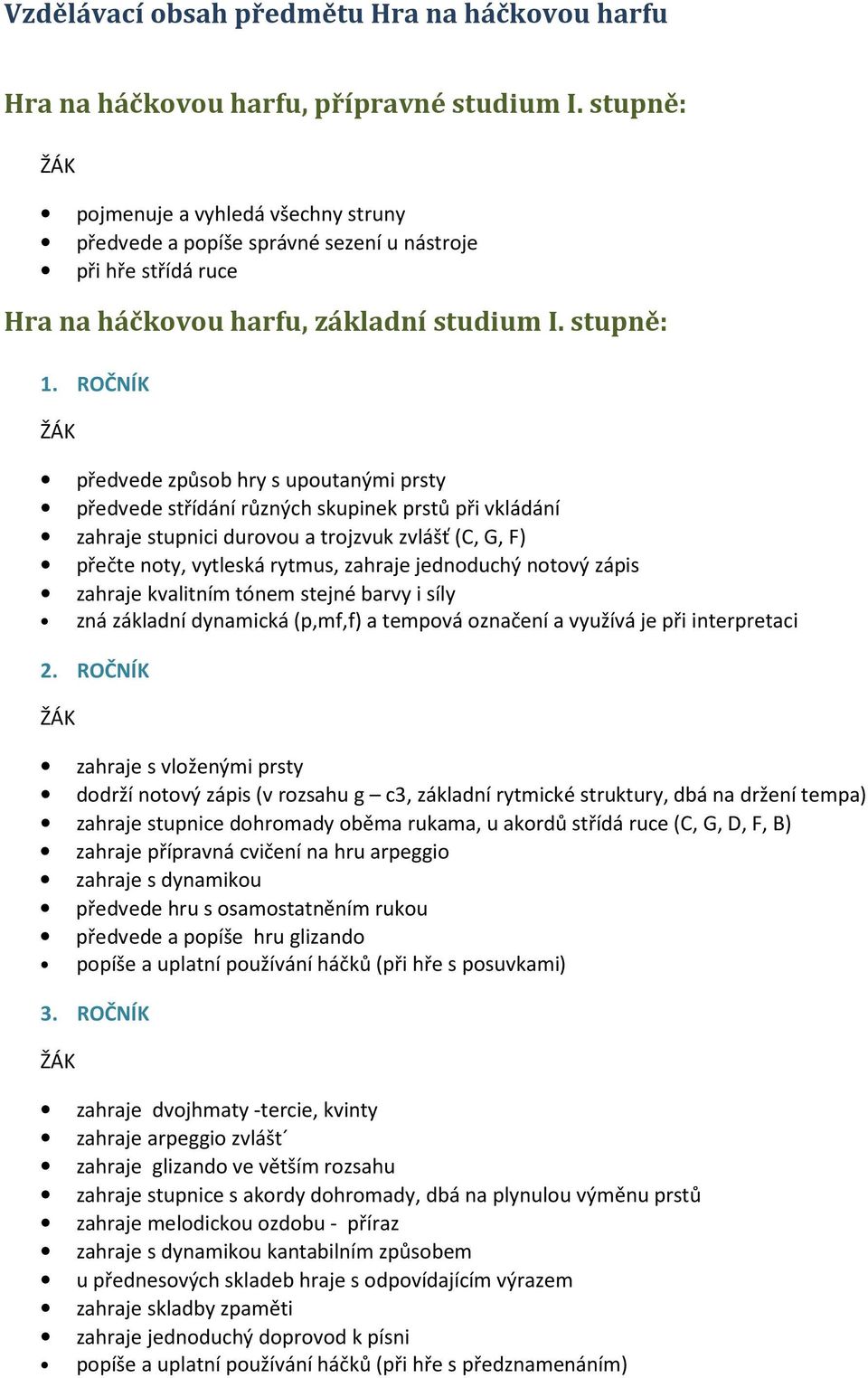 ROČNÍK předvede způsob hry s upoutanými prsty předvede střídání různých skupinek prstů při vkládání zahraje stupnici durovou a trojzvuk zvlášť (C, G, F) přečte noty, vytleská rytmus, zahraje