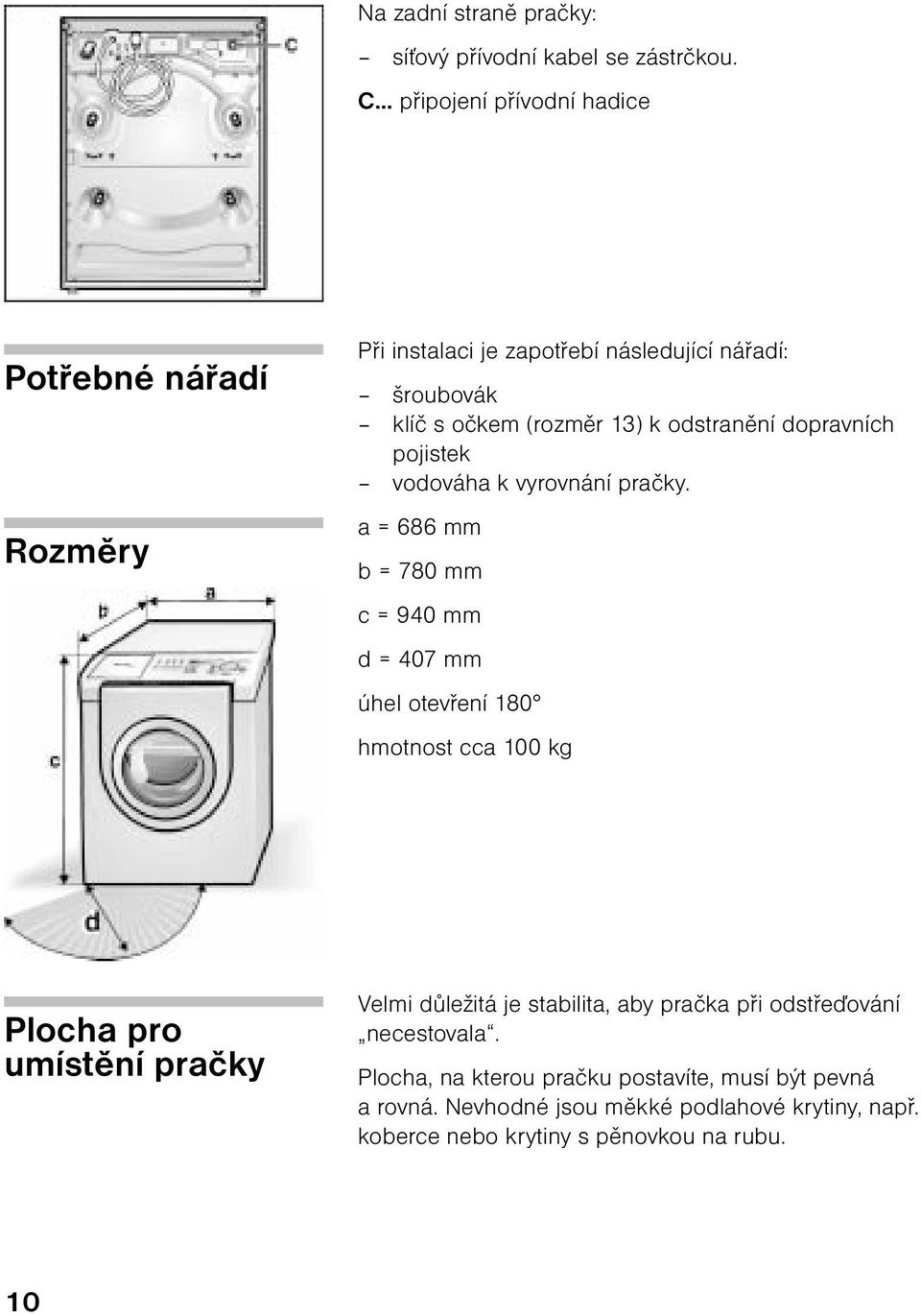 odstranění dopravních pojistek vodováha k vyrovnání pračky.