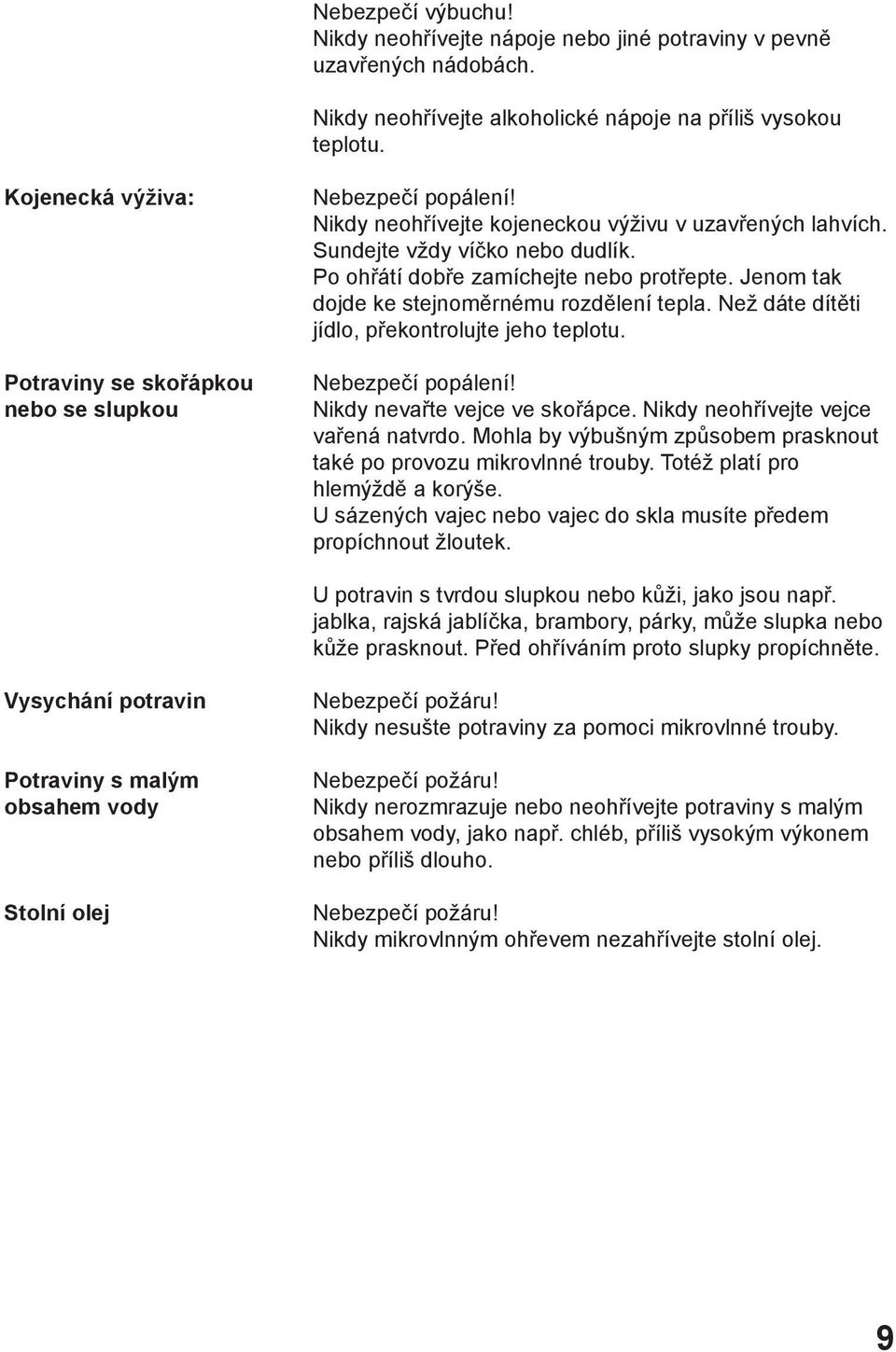 Po ohřátí dobře zamíchejte nebo protřepte. Jenom tak dojde ke stejnoměrnému rozdělení tepla. Než dáte dítěti jídlo, překontrolujte jeho teplotu. Nebezpečí popálení! Nikdy nevařte vejce ve skořápce.