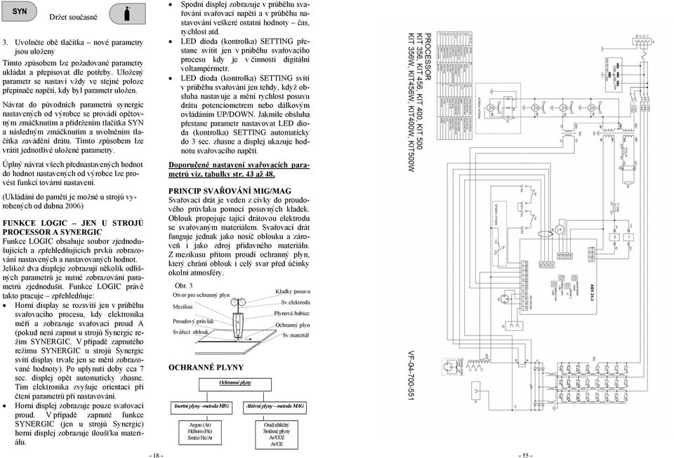 Návrat do původních parametrů synergic nastavených od výrobce se provádí opětovným zmáčknutím a přidržením tlačítka SYN a následným zmáčknutím a uvolněním tlačítka zavádění drátu.